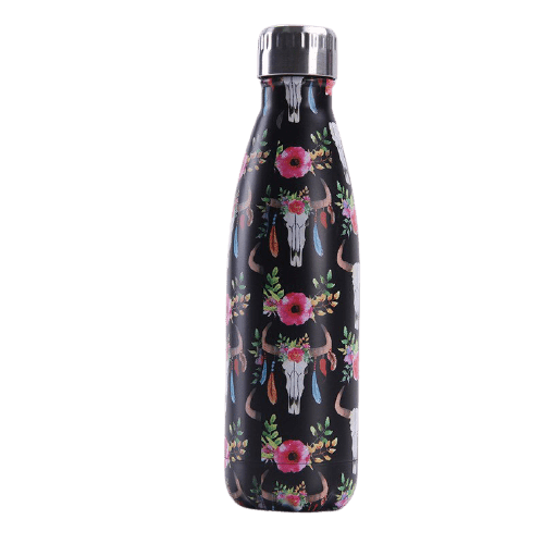 insulated stainless steel water bottle traditional bull pattern - metal bottle bull and flowers
