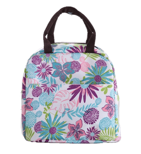 sac isotherme repas fleurs bleues roses et violettes