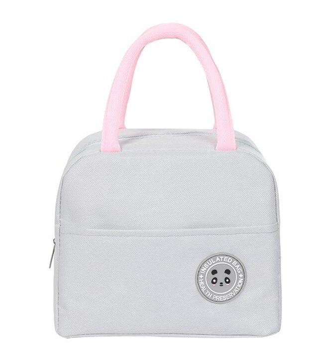 sac isotherme gris pour repas avec bretelles roses