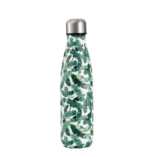 insulated stainless steel water bottle white with green banana tree leaves