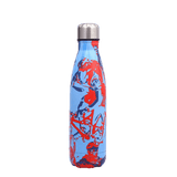 insulated stainless steel water bottle blue and red with a bike