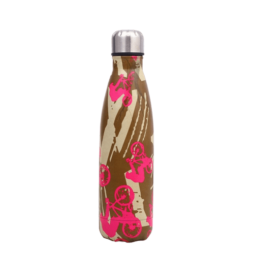 insulated stainless steel water bottle brown with pink biker