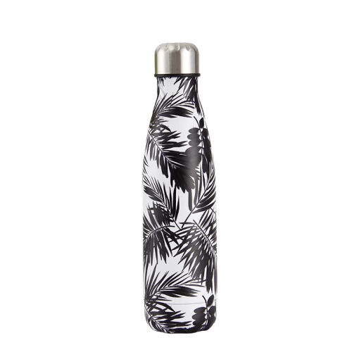 insulated stainless steel water bottle white with black leaf
