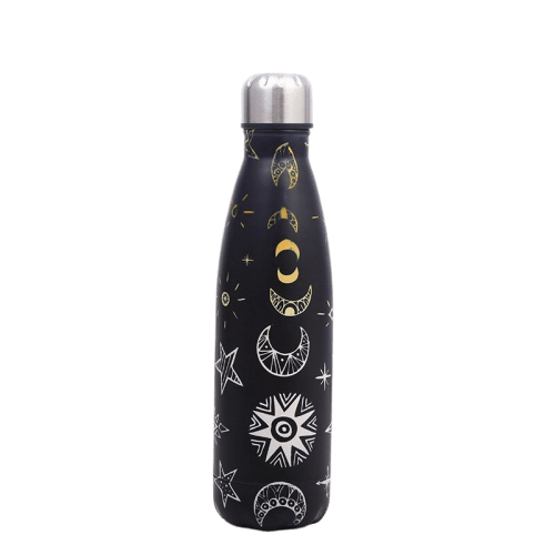 black insulated stainless steel water bottle moon and stars