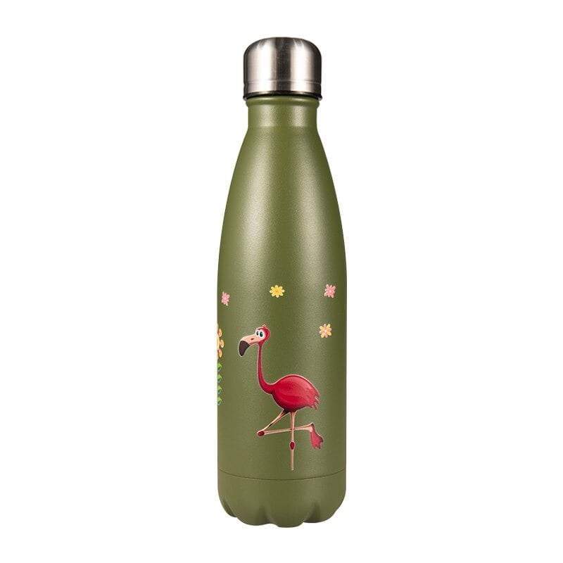 insulated stainless steel water bottle crazy green flamingo