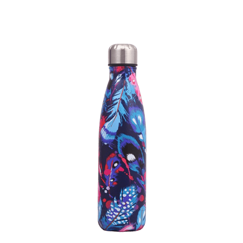 insulated stainless steel water bottle with blue pink and purple feather