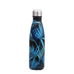 insulated stainless steel water bottle black with blue leaves