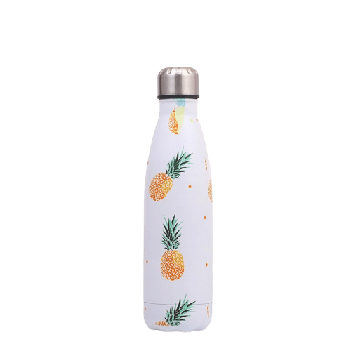 insulated stainless steel water bottle white with pineapple pattern