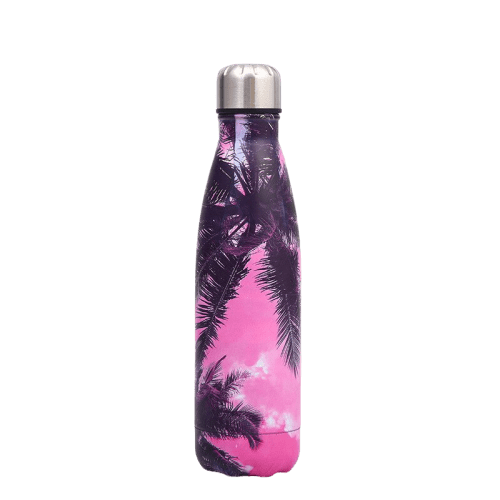 insulated stainless steel water bottle with pink sky and palm tree