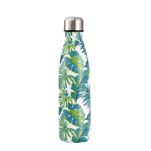 insulated stainless steel water bottle white with tropical leaf green and blue