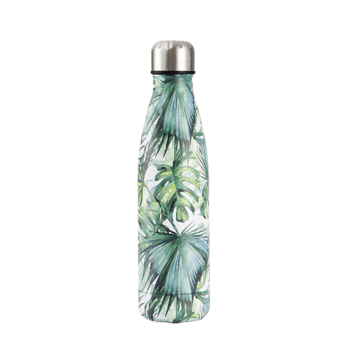 insulated stainless steel water bottle white with tropical green and black leaves