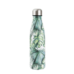 insulated stainless steel water bottle white with tropical green and black leaves