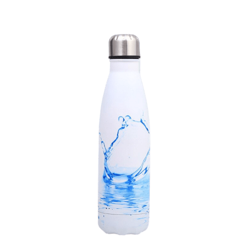 insulated stainless steel water bottle blue and white with water pattern