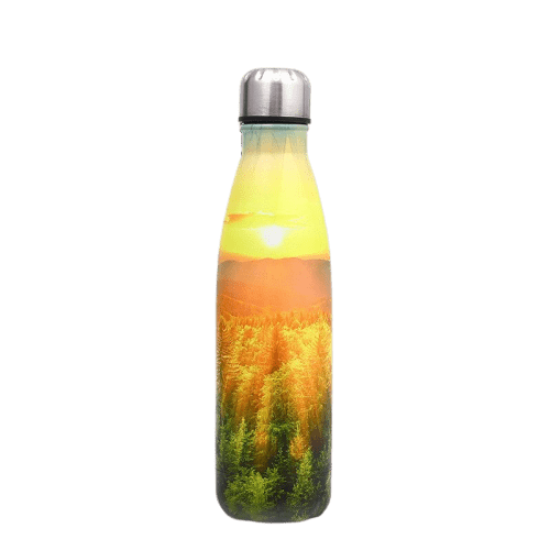 insulated stainless steel water bottle twilight pattern on top of the forest