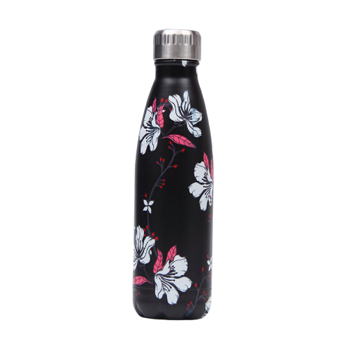 insulated Stainless Steel black Water Bottle white flower